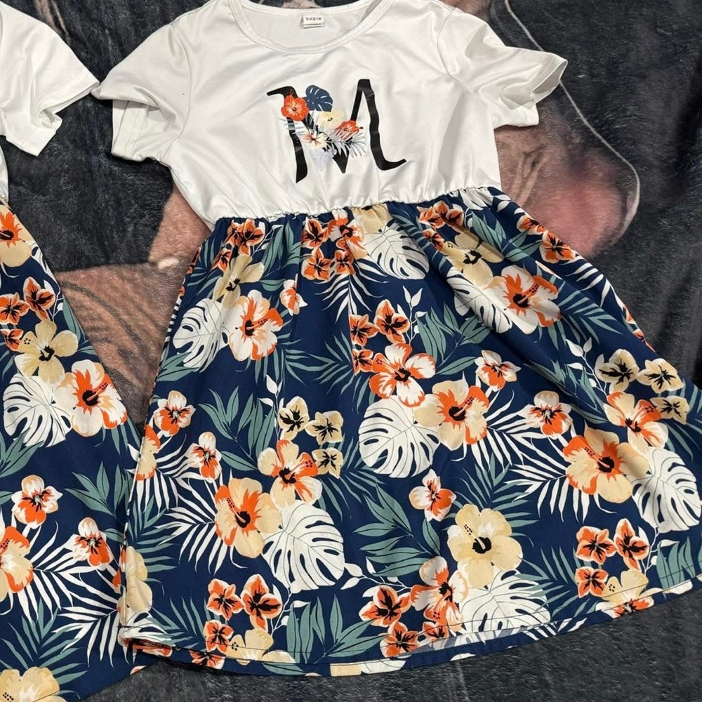 Floral Navy & White Two-Tone Dress